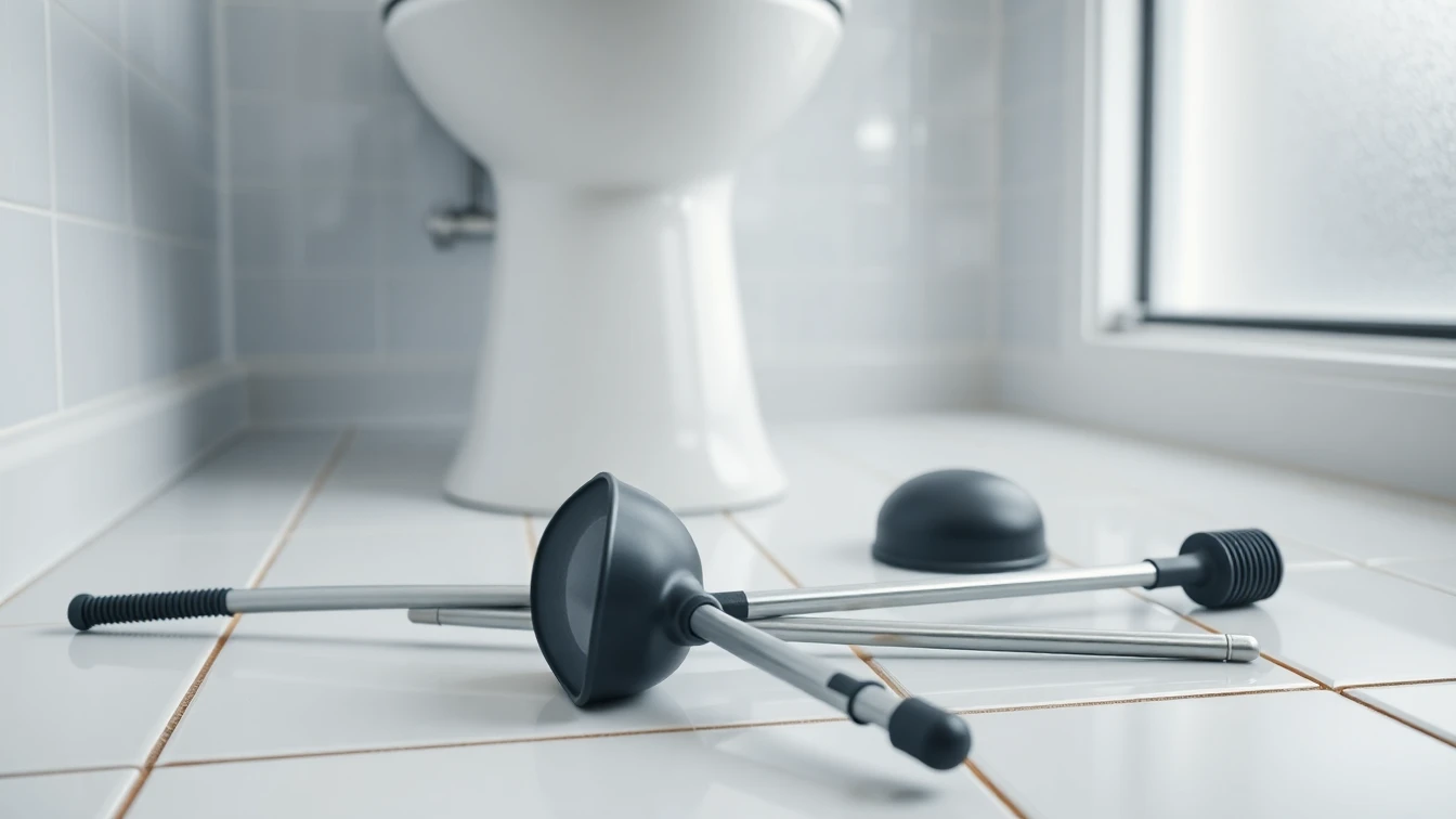 Professional plunger and drain clearing tools on a clean bathroom floor